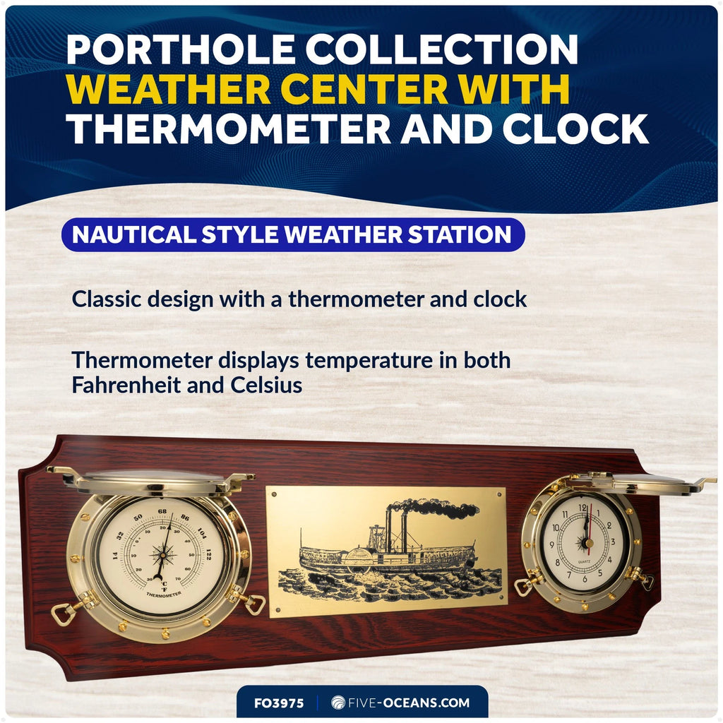 Porthole Weather Center with Thermometer and Clock for Nautical Decor