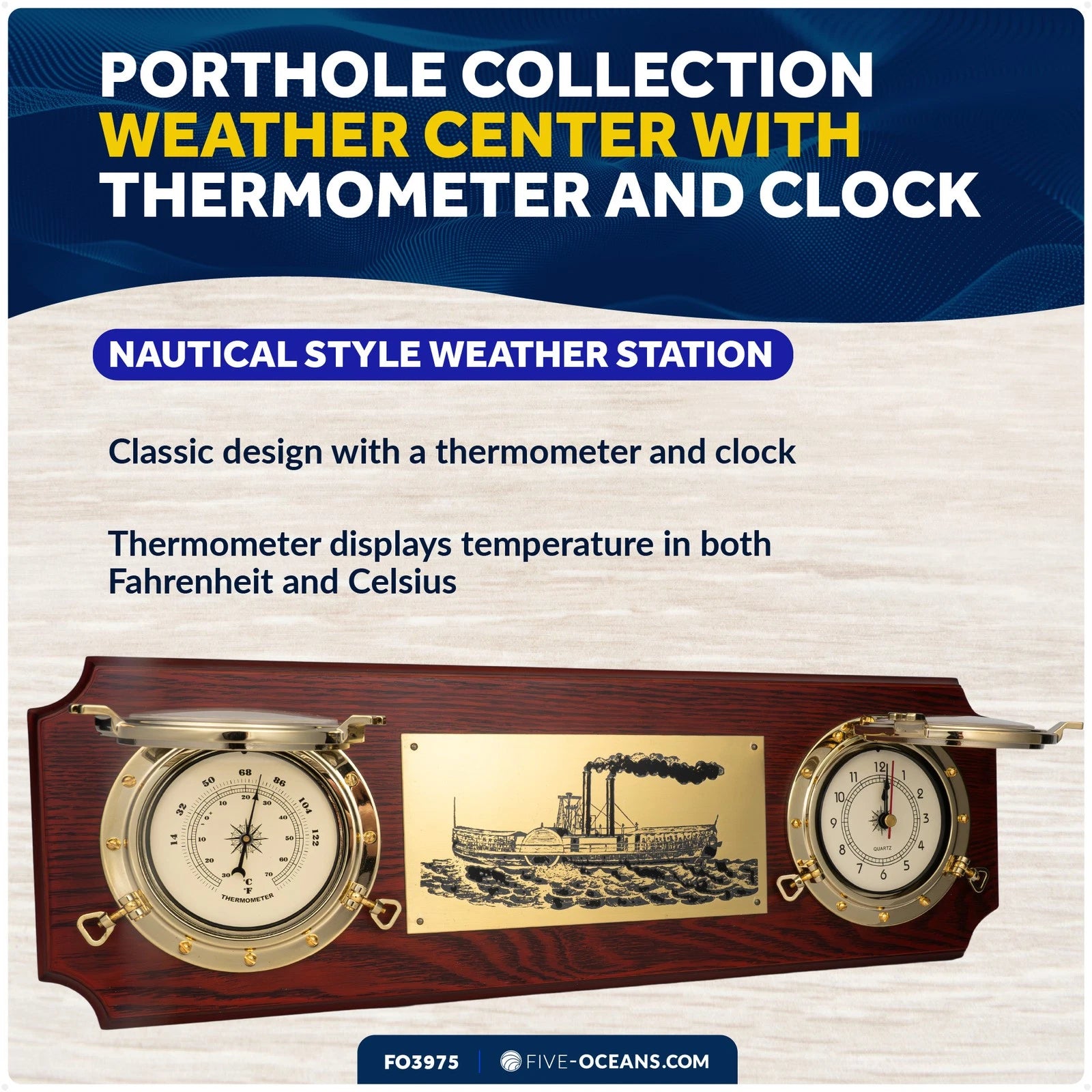 Porthole Weather Center with Thermometer and Clock for Nautical Decor