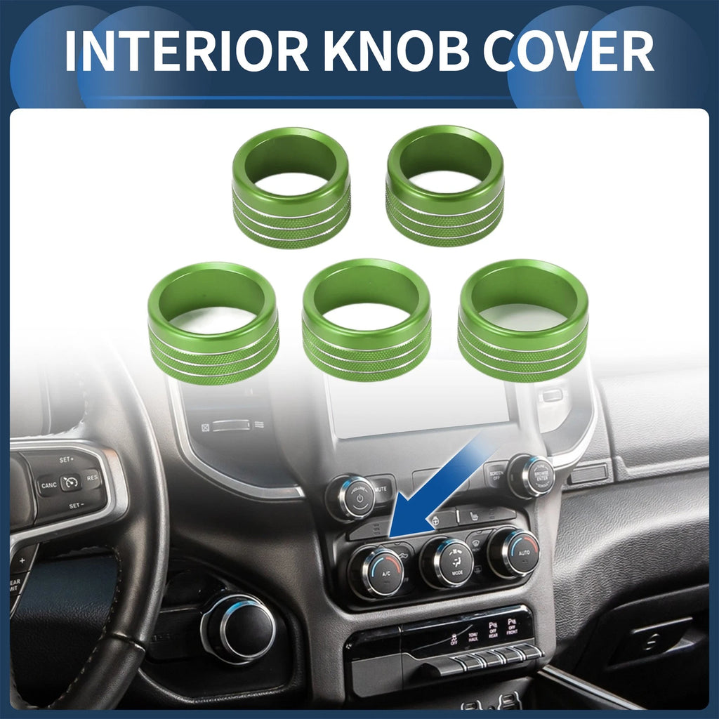 Set of 5 AC Media Volume Switch Knob Cover Rings for Dodge RAM (2018–2022) Green