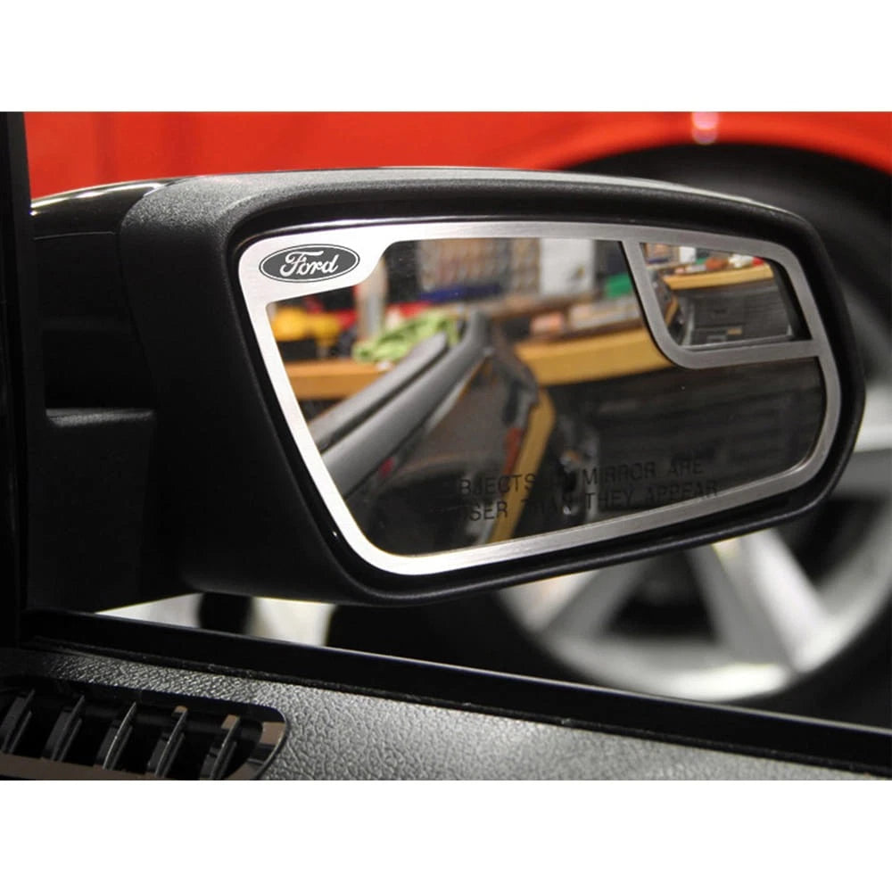 Brushed Stainless Side View Mirror Trim w/Ford Oval for 2011-12 Ford Mustang GT