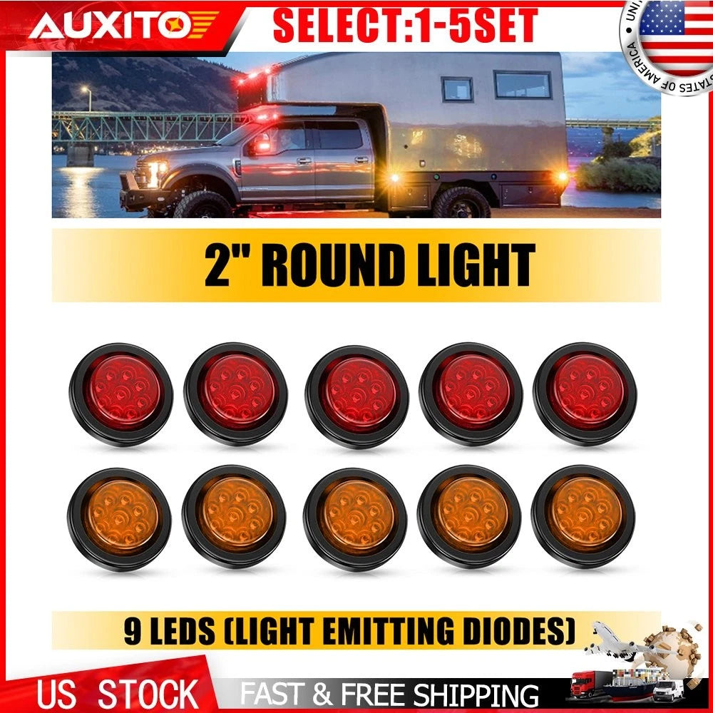 2 Inch Round 9 LED Clearance Side Marker Light Red Amber for Mack Anthem (2018–2023)