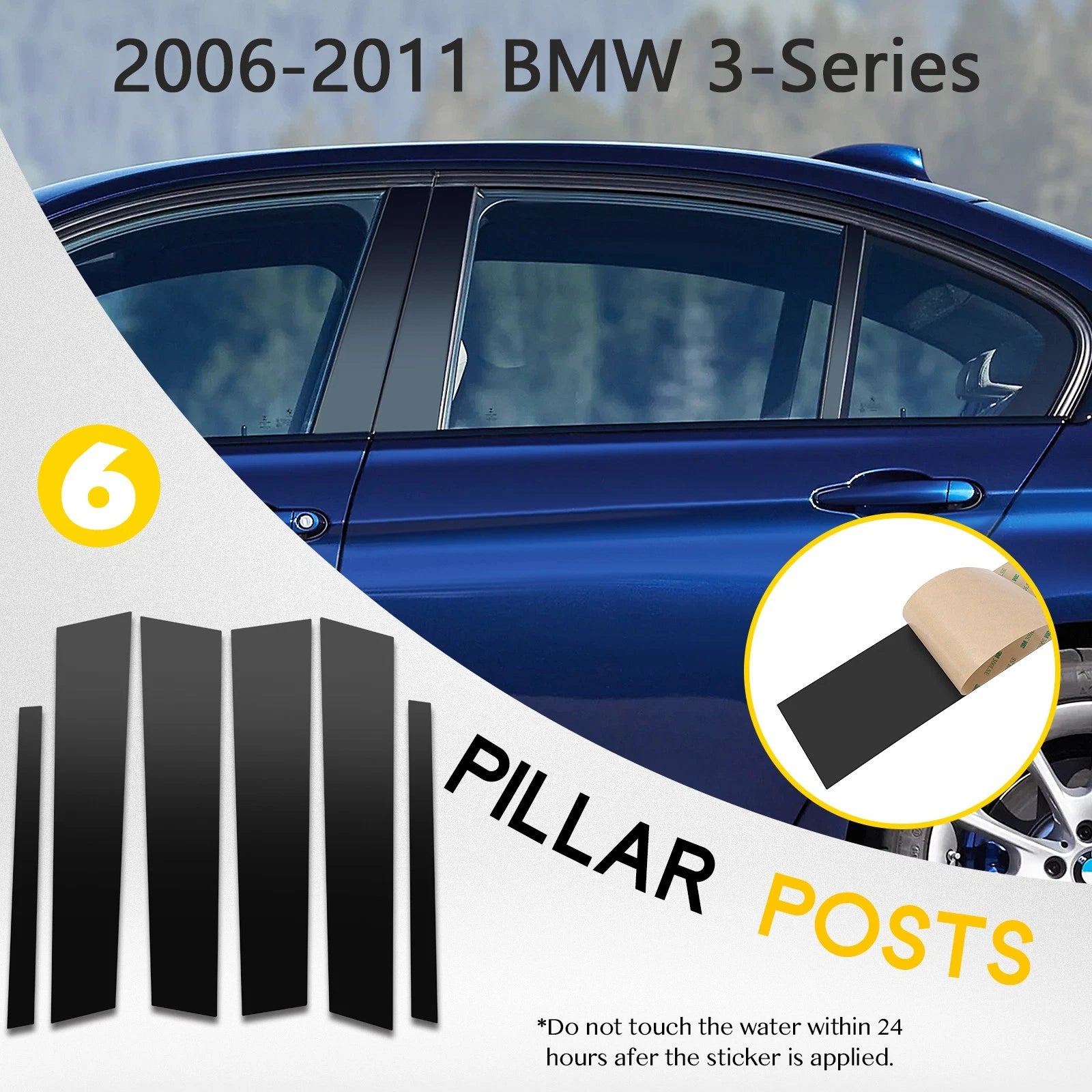6pc Door Trim Kit for BMW 3-Series E90 (2006–2011) Black Piano Pillar Posts