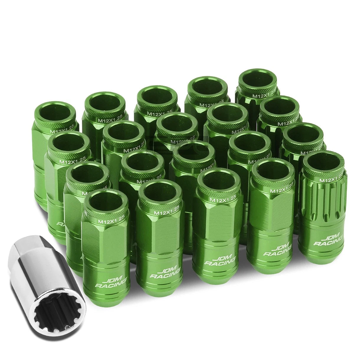 Open-End Aluminum Lug Nuts Set of 4 + Adapter for M12x1.25 (21mm OD/50mm Tall)