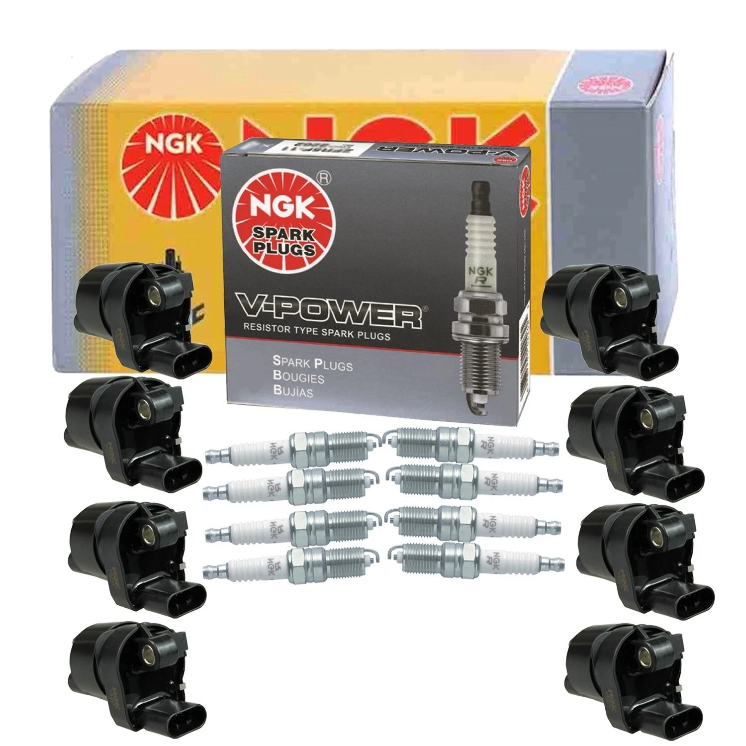 Set of 8 NGK Ignition Coils & V-Power Spark Plugs for Cadillac Chevy GMC Isuzu