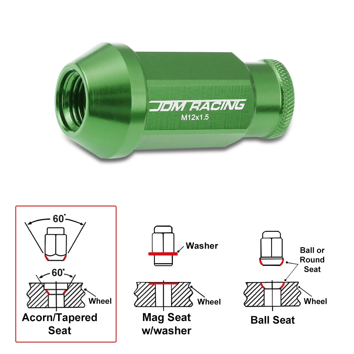 20Pc M12X1.5 Green JDM Open-End Acorn Hex Wheel Lug Nut + Extension 25mmx50mm