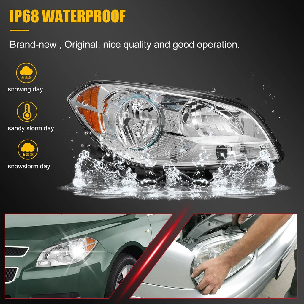 Set of 2 Headlight Assembly for Chevrolet Malibu (2008–2012) Chrome Amber