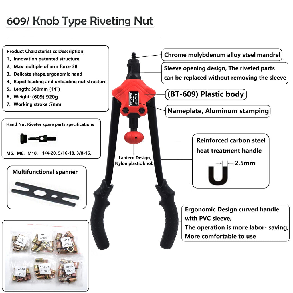 60pcs Rivet Nut Gun Kit for Knob Type (360mm, 14")