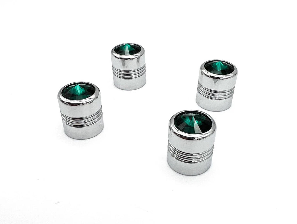 Tire Valve Stem Caps Set Chrome Green Diamond for Hot Rod Car Truck ATV