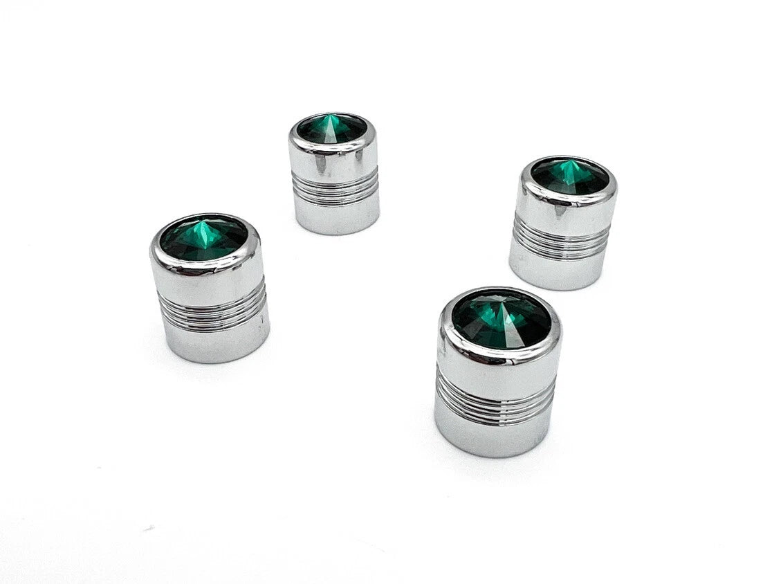Tire Valve Stem Caps Set Chrome Green Diamond for Hot Rod Car Truck ATV