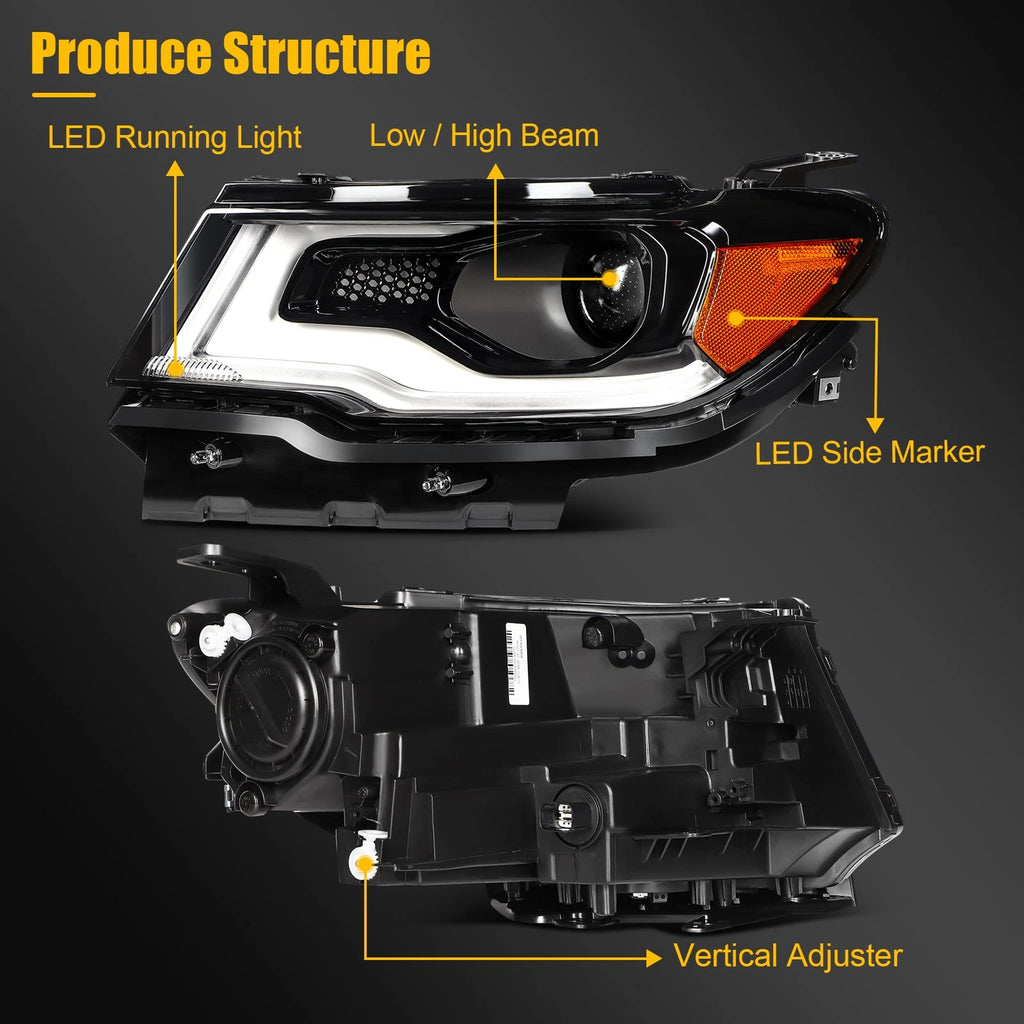 Left Side Black Amber Projector Headlight for Jeep Compass (2017–2021)