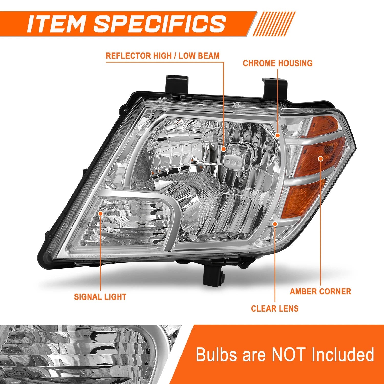 Driver Side Chrome Amber Headlight for Nissan Frontier (2009–2021)