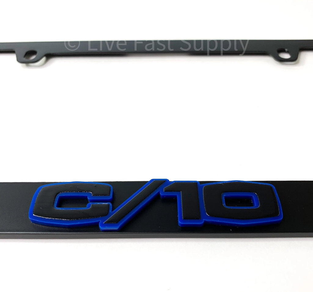 Matte Black License Plate Frame Premium Blue Outline Script for Chevy C10 (1963–1965)