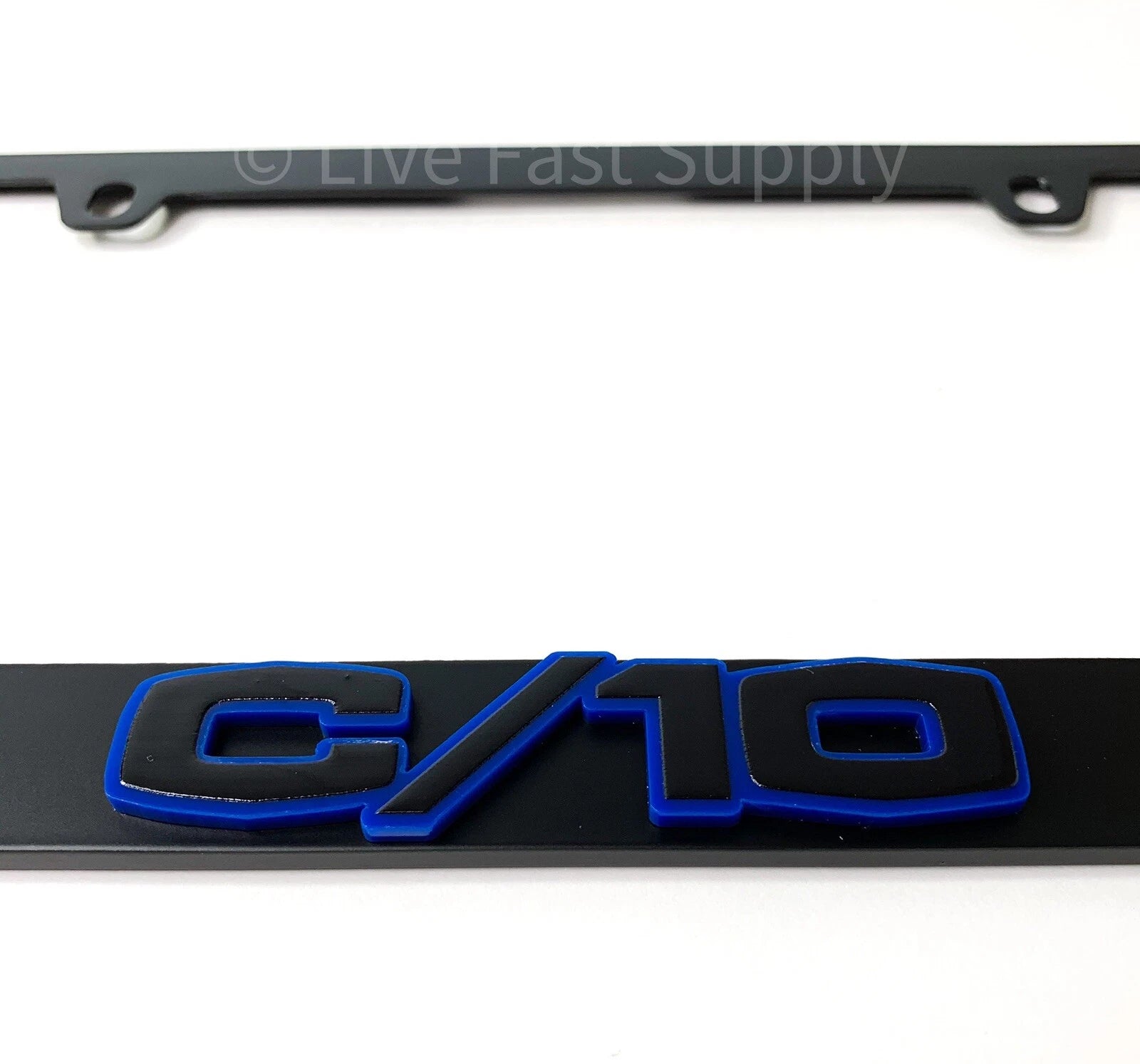Matte Black License Plate Frame Premium Blue Outline Script for Chevy C10 (1963–1965)