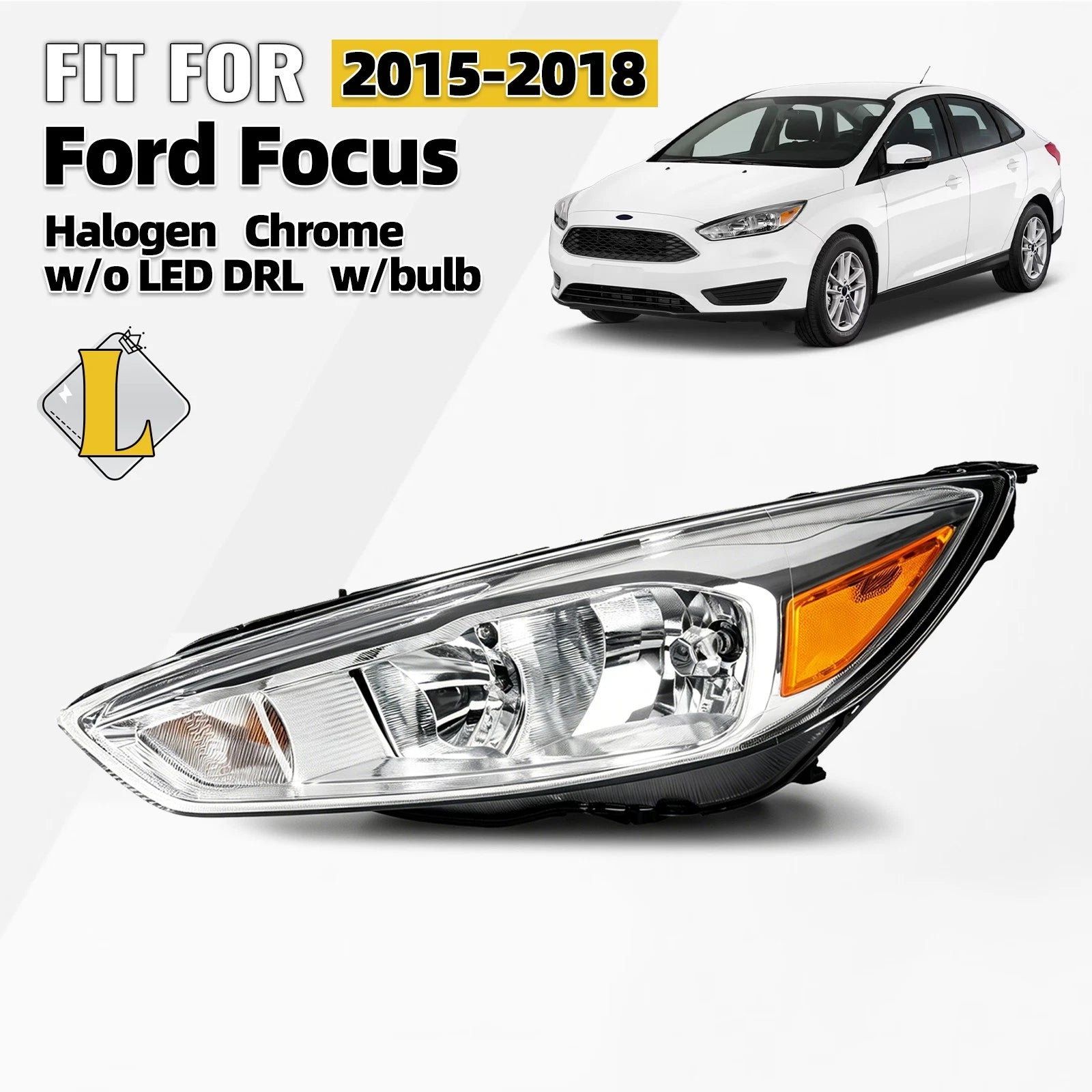 Halogen Headlight for Ford Focus (2015–2018) Chrome Left Driver Side