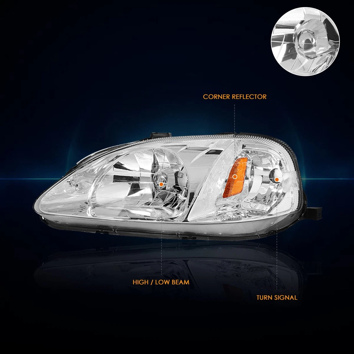 Chrome Housing Headlight & Amber Corner Signal Lamp for Honda Civic (1999–2000)