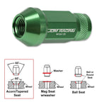 20Pc M12X1.25 Green JDM Open End Cone Hex Lug Nuts + Extension 25mmx50mm