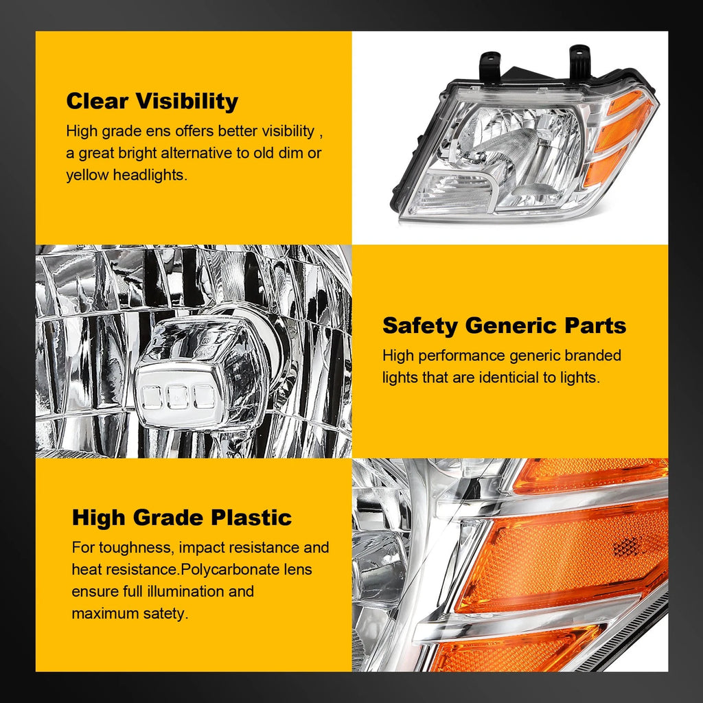 2X Headlight Assembly for Nissan Frontier (2009–2019) Chrome Amber