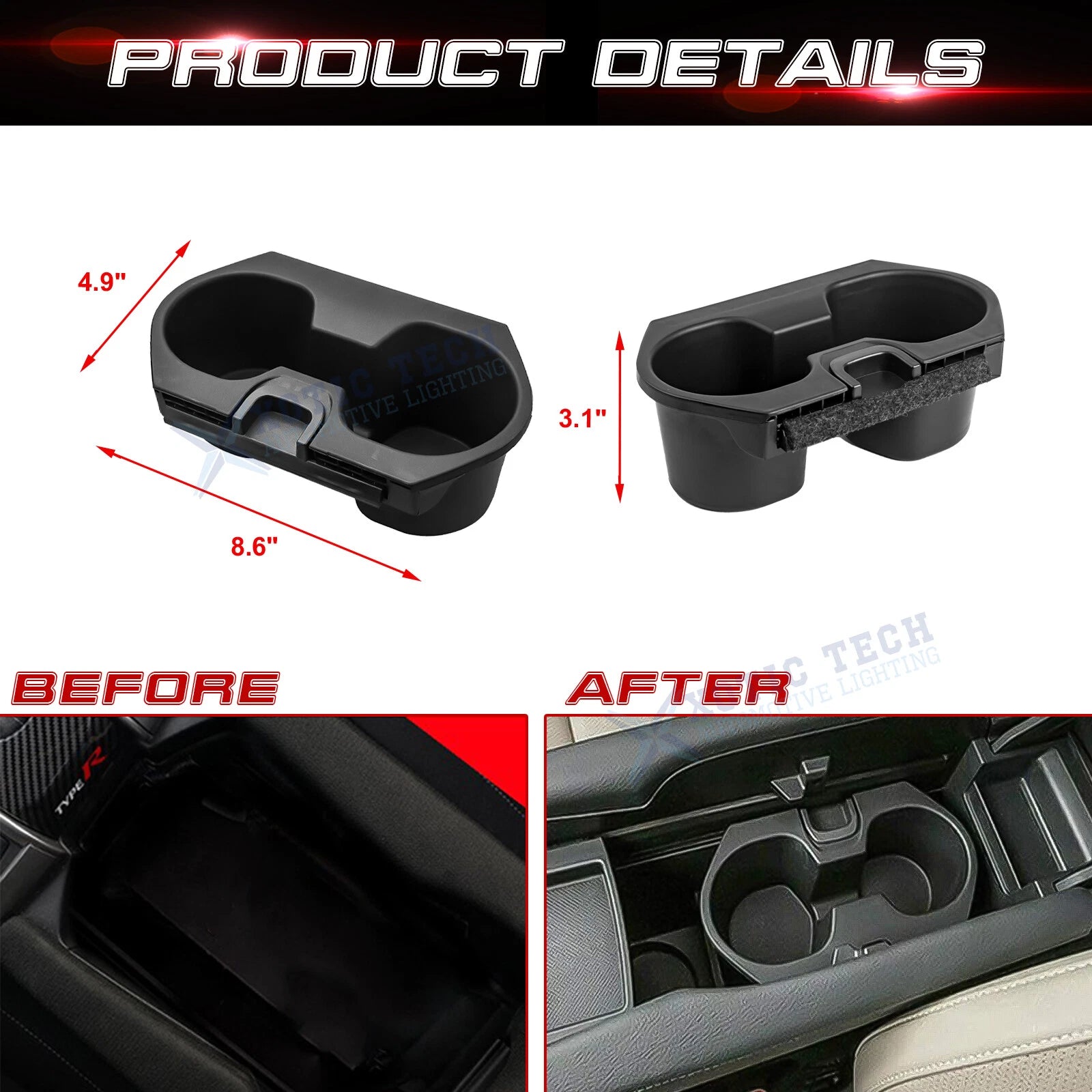Dual Water Cup Holder Front Center Console Insert for Honda Civic (2016-2021)