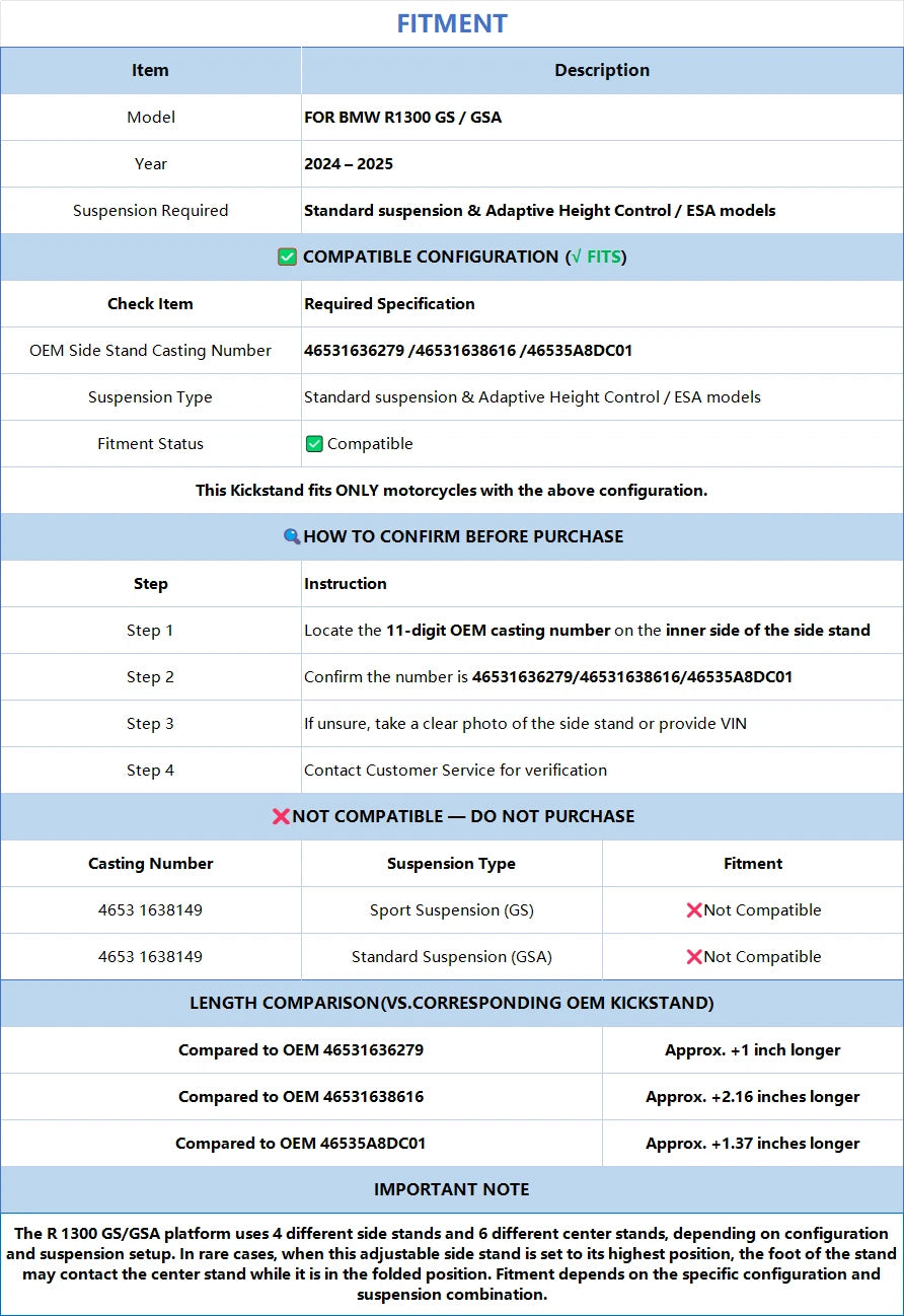 Adjustable Side Stand Kickstand for BMW R1300GS (2024–2025) 46535A8DC01