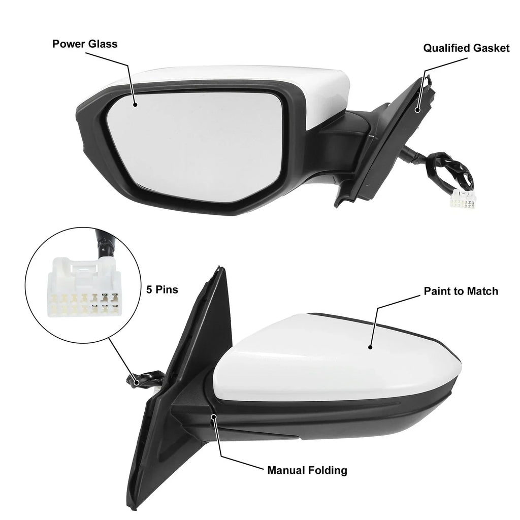 5 Pin Left Side Exterior Door Mirror Assembly White for Honda Civic (2016-2020)