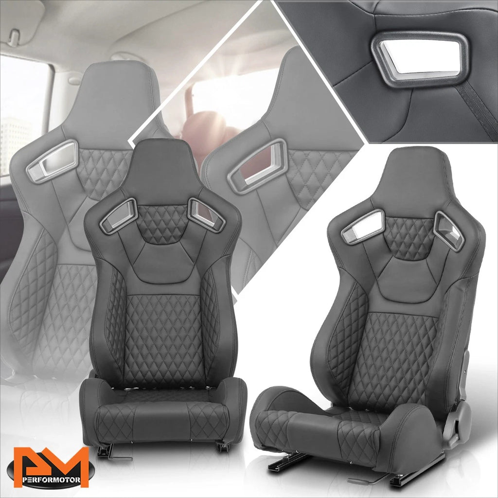 2Pcs Racing Seats for Universal Fit (Reclinable, Quilted, Black Stitching)