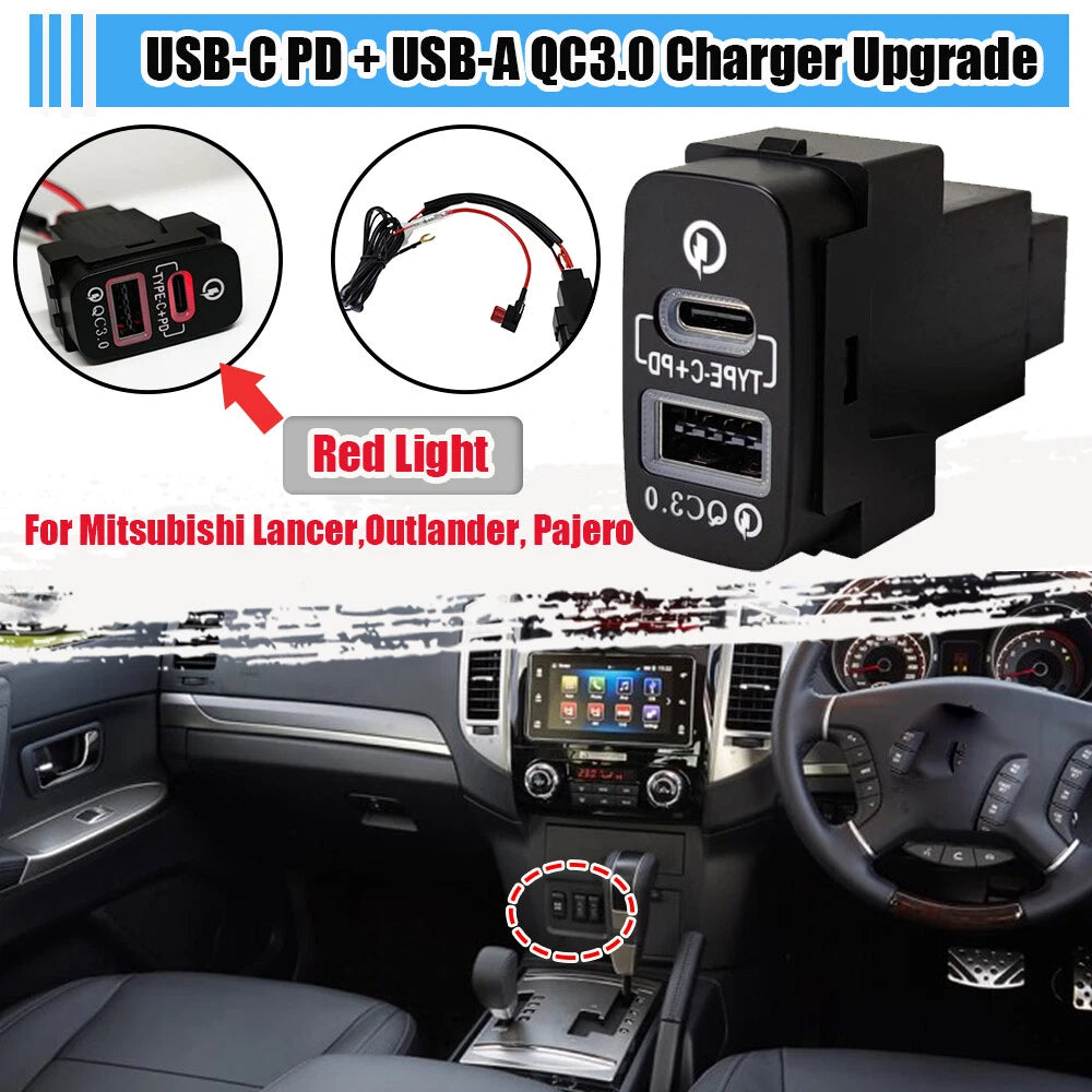 USB-C PD + USB-A QC3.0 Charger Kit for Mitsubishi Outlander Pajero (2006–2015)