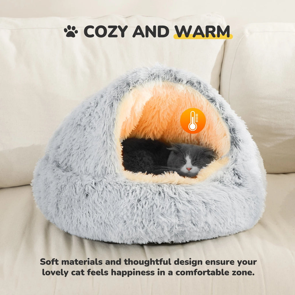 Cozy Cat Pod Plush Hooded Cat Bed Cave Self Warming Non-Slip Bottom Gray