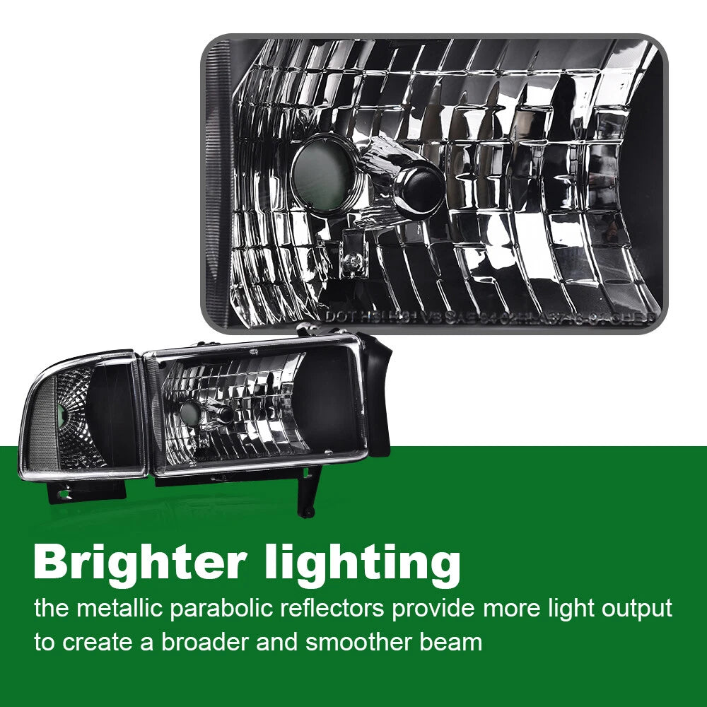 Clear Corner Black Headlights Assembly for Dodge Ram 1500 2500 3500 (1994–2002)