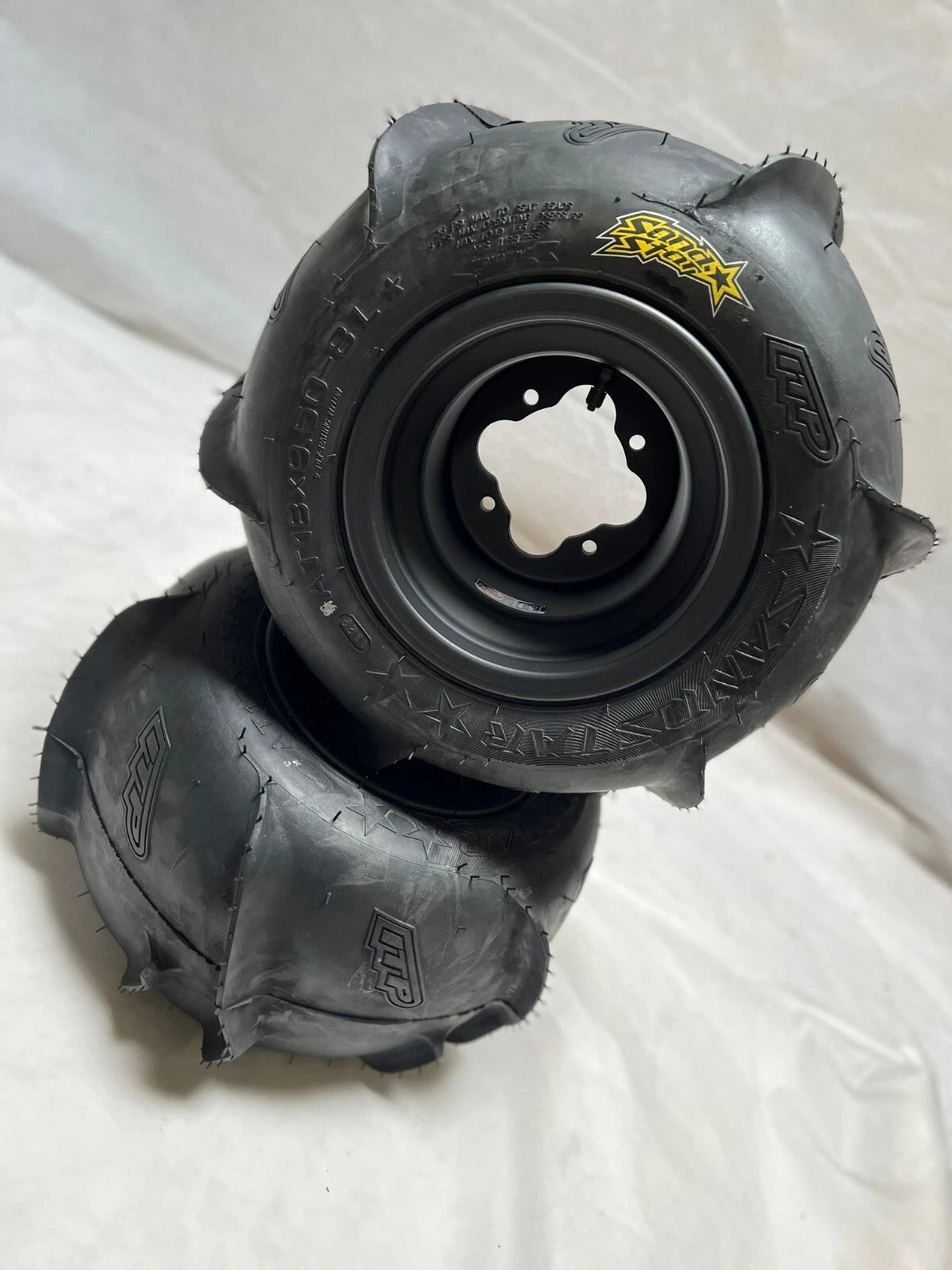 DWT Black Rear Wheels & Sand Dune Star Paddle Tires for Mini Quad (18")
