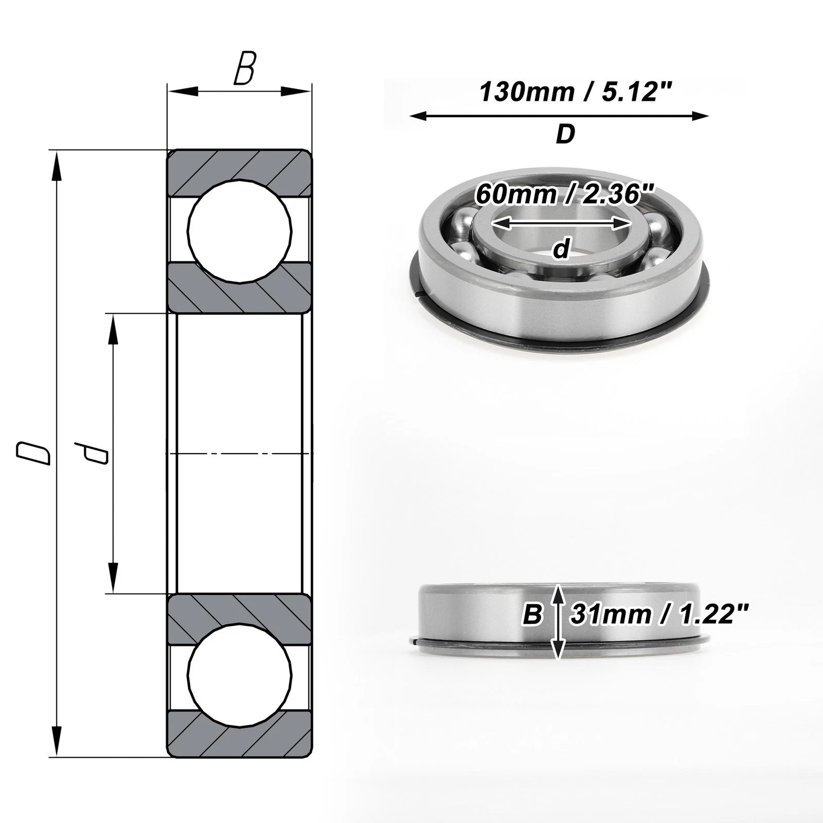 Deep Groove Ball Bearing 6312NR for Scooter Skateboard (60x130x31mm)