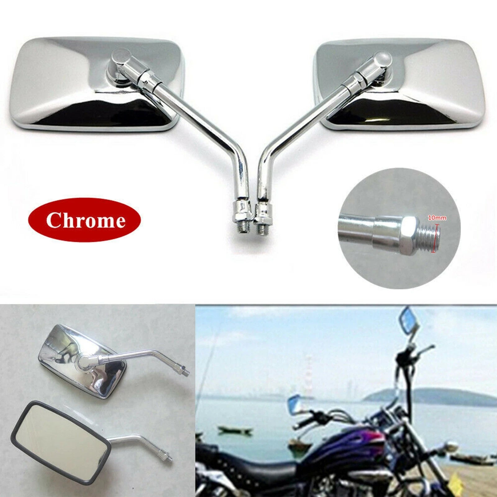10mm Chrome Rectangle Rearview Mirrors for Yamaha V Star 650 950 1300