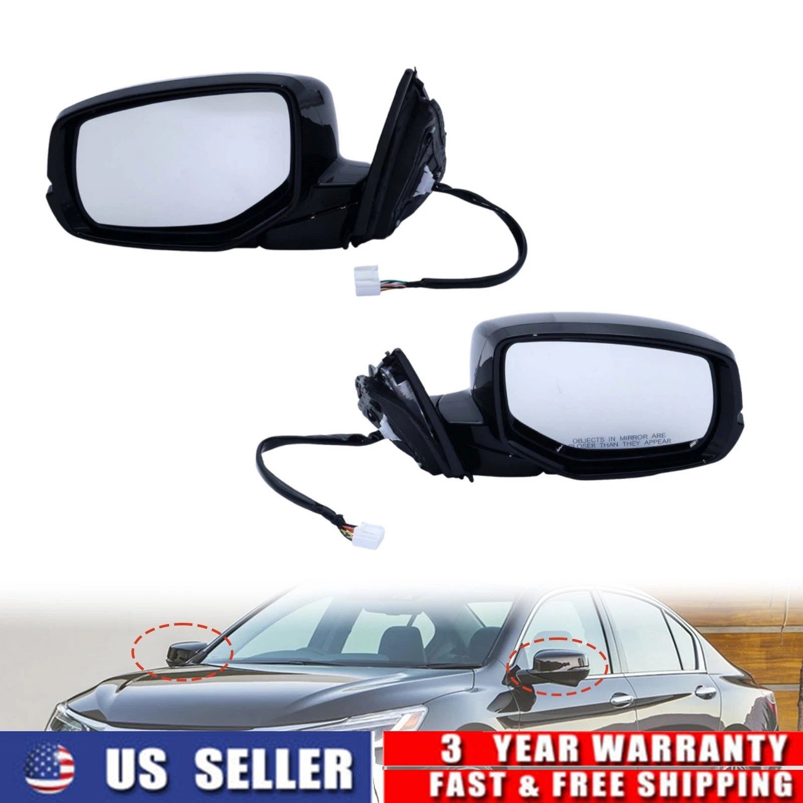 Set of 2 Black Mirrors w/Turn Signal Heated Manual Fold for Honda Accord (2013–2015)