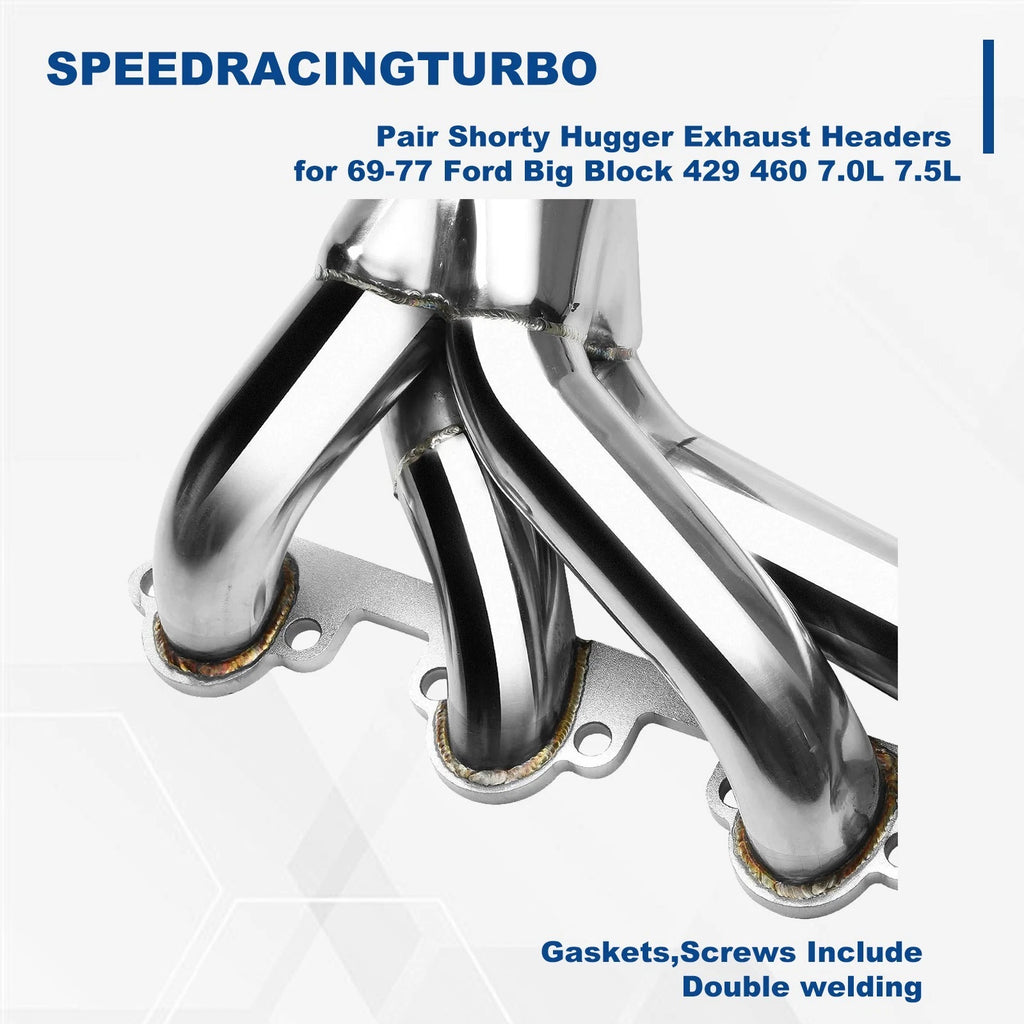 Pair Shorty Hugger Exhaust Headers for Ford Big Block 429 460 (1969–1977)