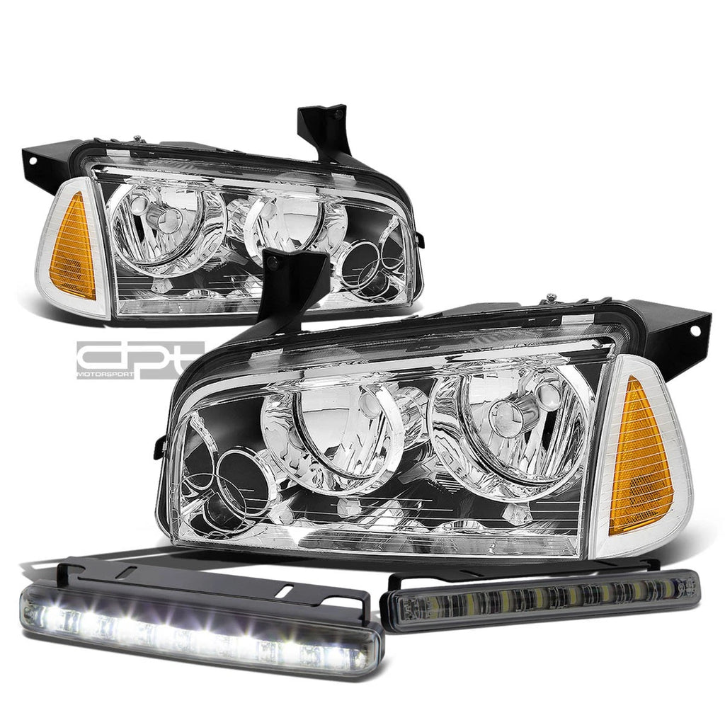 Chrome Housing Clear Headlight + Amber Corner + LED Fog Light Set for Dodge Charger (2006–2010)
