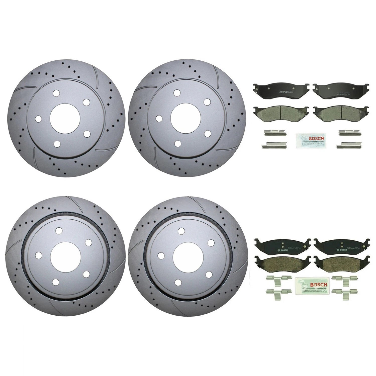 Front Rear Brake Kit for Dodge Ram 1500 (2019–2023) - Drilled Disc, Bosch, Ceramic Pad