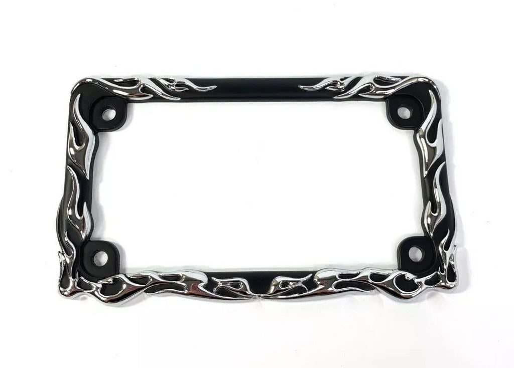 Metal Motorcycle License Plate Frame Black with Chrome Flames for Universal