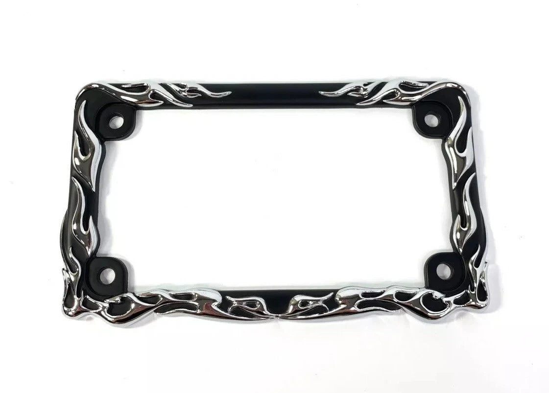 Metal Motorcycle License Plate Frame Black with Chrome Flames for Universal