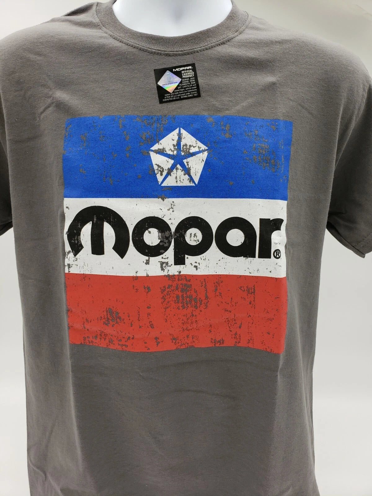 Gray T-Shirt Large Red White Blue 1972 Mopar Emblem Logo Front