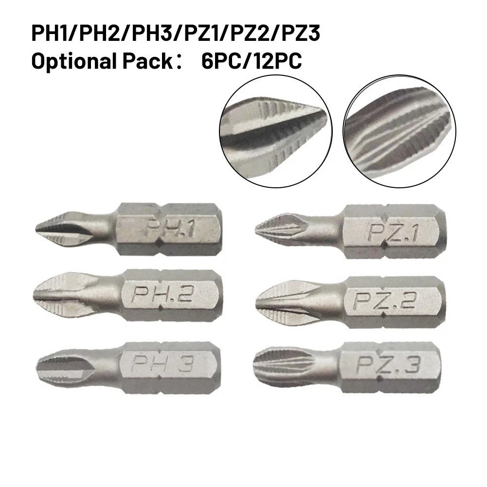Set of 6 Screwdriver Bits PH1 PZ1 PH2 PZ2 PH3 PZ3 for Automotive Use
