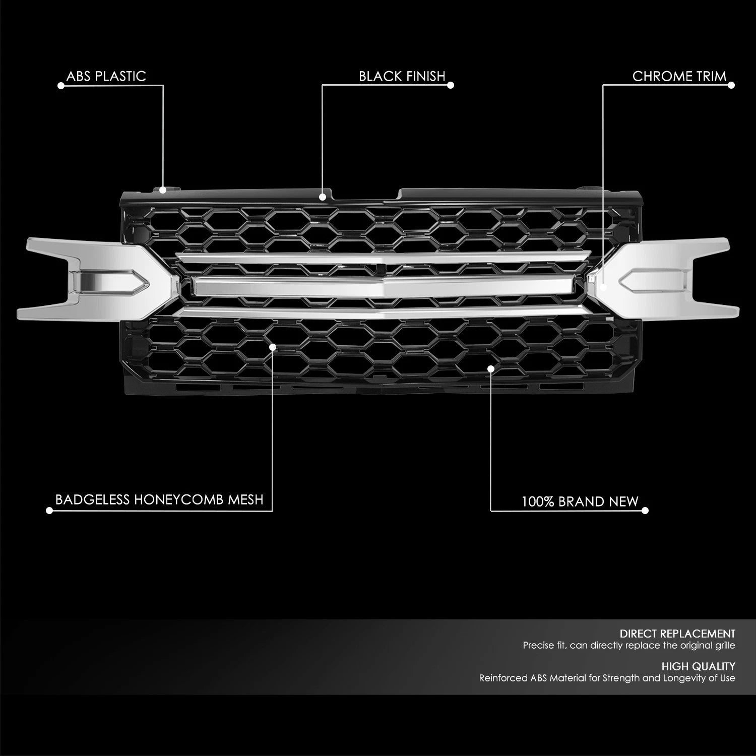 Black/Chrome Badgeless Honeycomb Mesh Front Grille for Silverado 1500 (2019–2022)