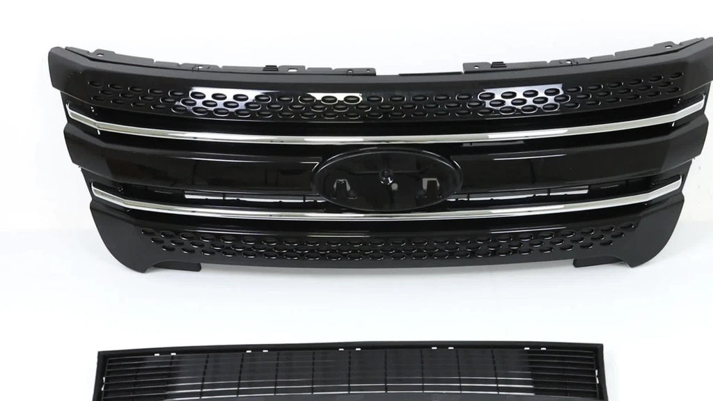 2X Front Upper Grille + Bumper Grille Glossy Black for Ford Explorer (2011–2015)