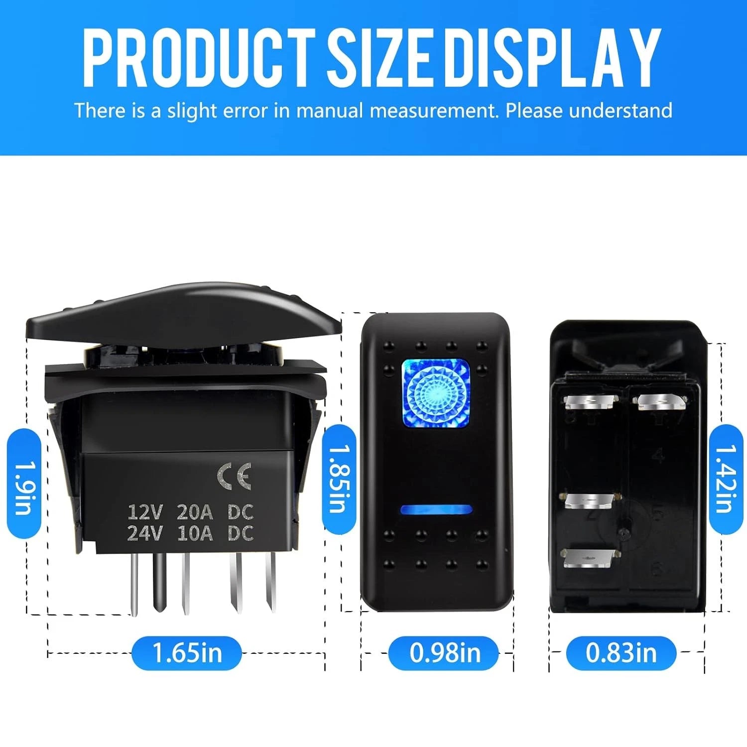 4Pcs 12V 20A Blue LED Rocker Switch Waterproof DPDT 7 Pin for Marine