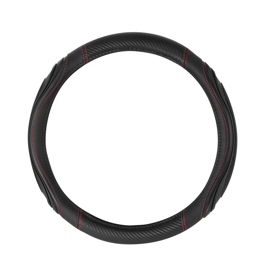 Steering Wheel Cover Carbon Fiber Pattern Red Stitching 15" for Universal Fit