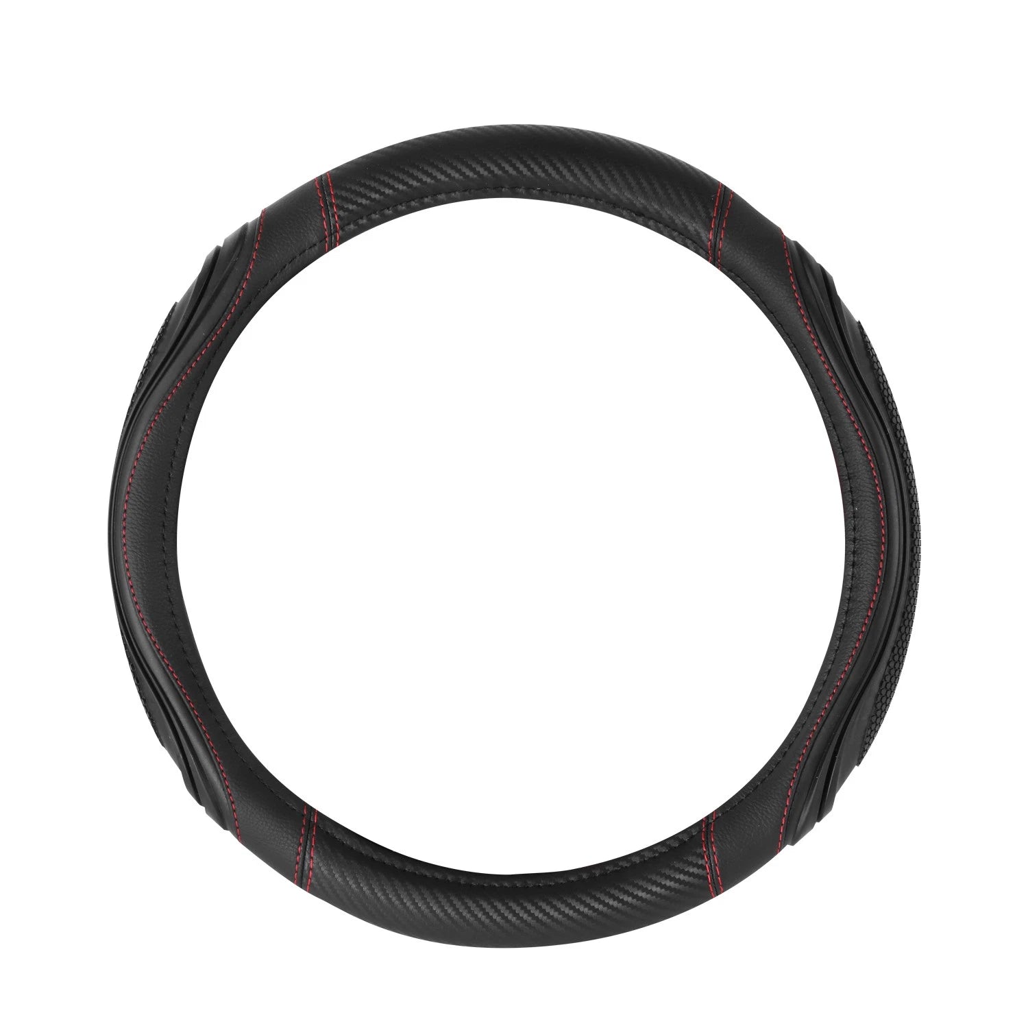 Steering Wheel Cover Carbon Fiber Pattern Red Stitching 15" for Universal Fit