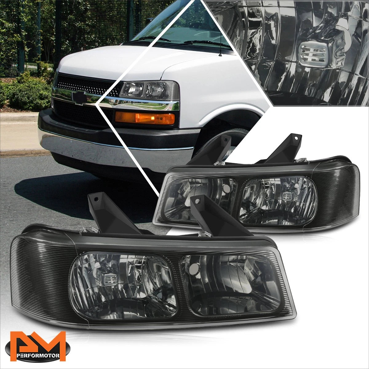Set of 2 OE Style Smoked Lens Upper Headlights for Express/Savana 1500-4500 (2003–2024)