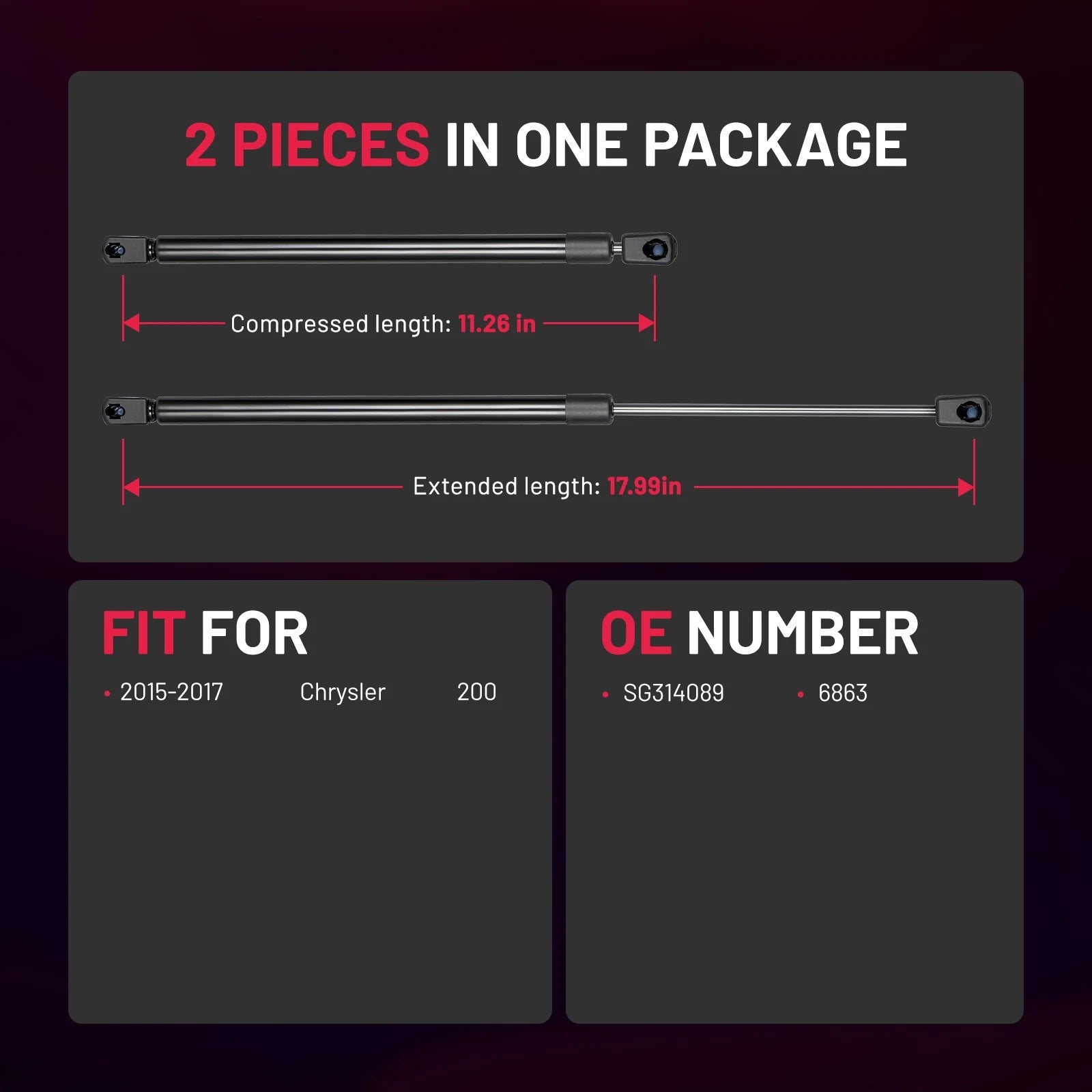 2X Front Hood Gas Spring Struts for Chrysler 200 Sedan (2015-2017)