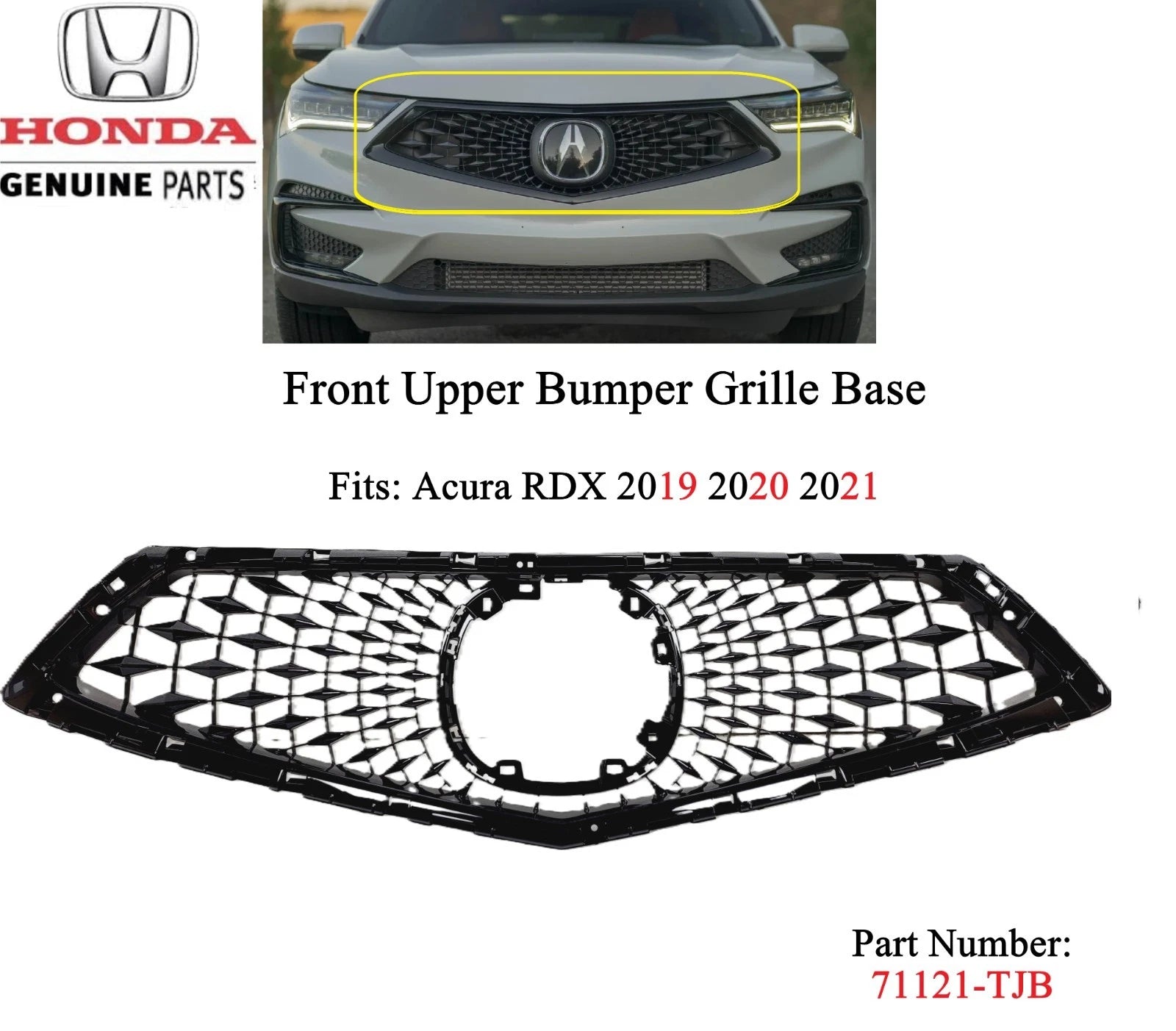 Front Bumper Upper Grille for Acura RDX (2019–2021) Gloss Black 71121-TJB