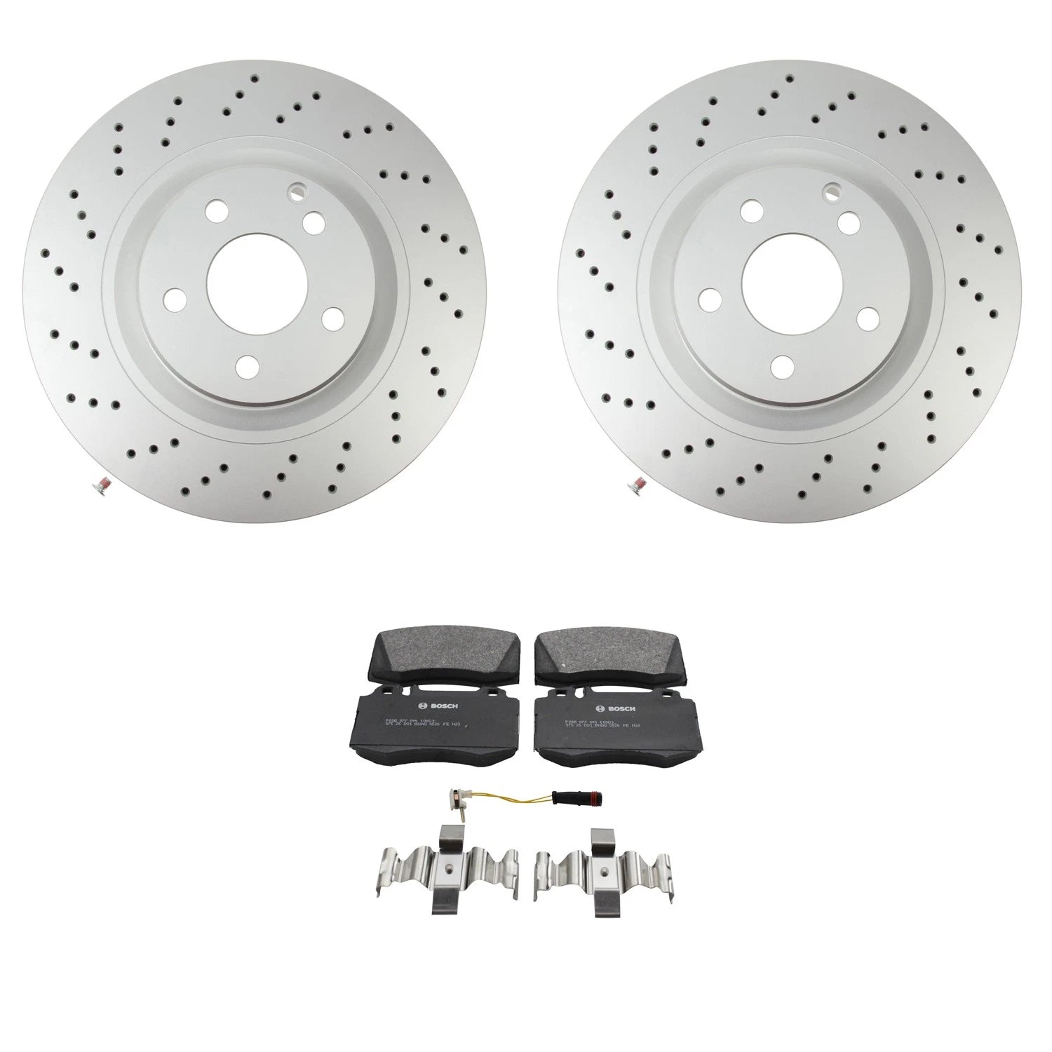 Hella Front Rotor & Bosch QuietCast Brake Pad Kit for Mercedes C215 (2000–2006)