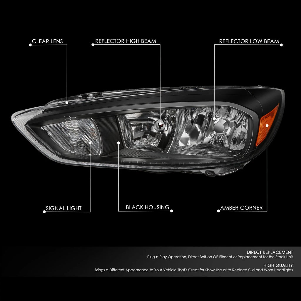 Pair of Black Housing Amber Side Headlights for Ford Focus (2015–2018)