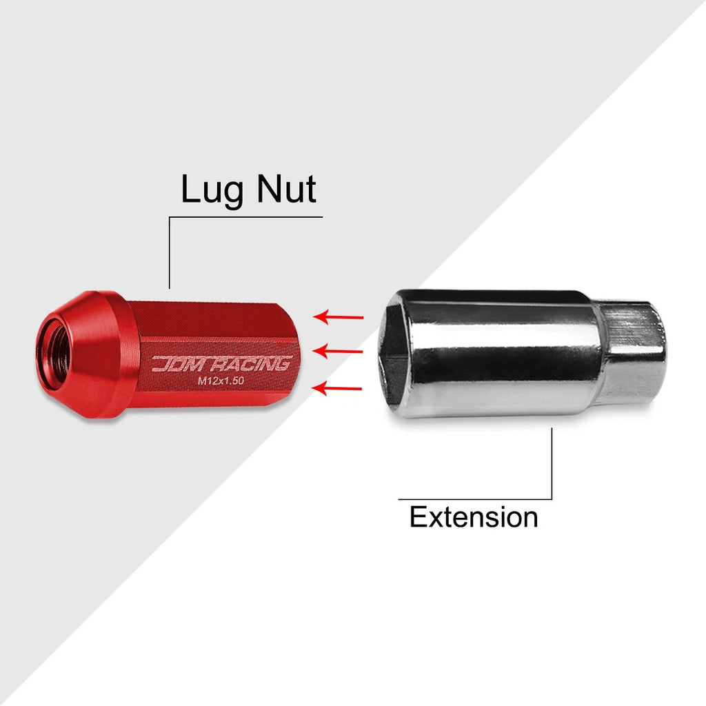 Set of 20 M12X1.5 Red JDM Closed End Aluminum Hex Wheel Lug Nuts + Extension 25mmx50mm
